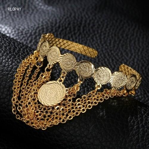 New Dubai Gold Tassels Gold Bangles for Women Arabic Trendy Coin Bangles Bridal Jewelry Free Size Cooper Bracelet Bangles