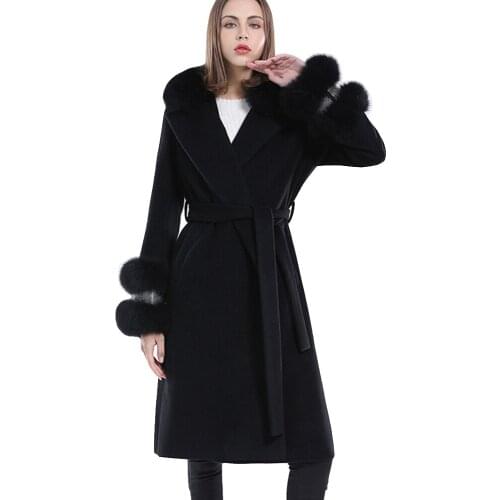 Lavelache Elegant Solid Long Wool Coat Women Long Coat With Belt Turn Down Big Fox Fur Collar Stylish Jacket Winter Autumn