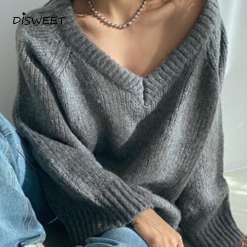 Thicken Solid Pullover Women Korean V-neck Loose Long Sleeve Woman Sweaters Simple Slim Sweater Knitted Warm Womens 2021