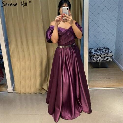 Serene Hill Purple Off Shoulder Simple Evening Dress 2020 Satin Short Sleeves A-Line Formal Party Gown CLA70384