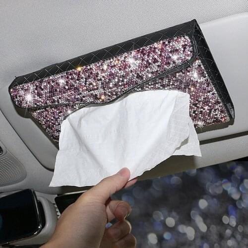 Crystal Diamond Car Tissue Box for Sun Visor Auto Hanging Tissue Box Rhinestone Sunshade Case Auto Car Accessories