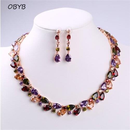 OBYB Brand Mona Lisa Jewelry Set for Women Luxury Colorful Cubic Zirconia Necklace Earrings for Bridal Wedding Engagement Gifts