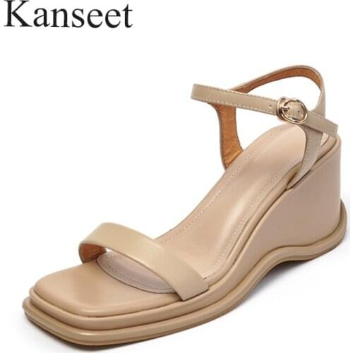 Kanseet Women Sandals 2021 Summer New Real Leather Open-Toed Buckle Strap Handmade Wedges Concise High Heels Shoes Apricot 40