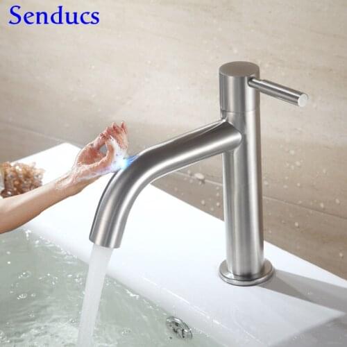 Touch Basin Faucet Senducs Single Cold Bathroom Basin Faucet Quality 304 Stainless Steel Touch Bathroom Basin Mixer Taps