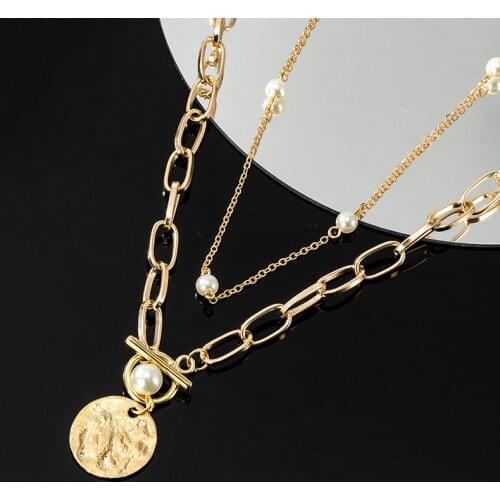 Vintage Multi-layer Womens Neck Chain Gold Metal Necklace for Women Pearl Coin Pendant Choker 2021 Trend Female Jewelry Gifts