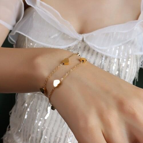 YUN RUO South Korea Fashion Small Fresh Love Peach Heart Double Layered Bracelet Titanium Steel 18k Gold Plated Never Fade