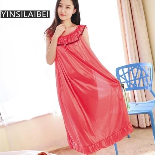 Womens Long Nightgown Large Size Sexy Lace Silk Satin Nightdress Women Nightwear Home Clothing #17