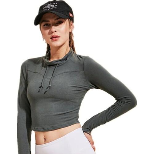 Women Cropped High collar Long Sleeve Fitness Top Sports Wear Crop Top Gym Yoga Shirt Thumb Hole Fitted Workout Running T-shirt