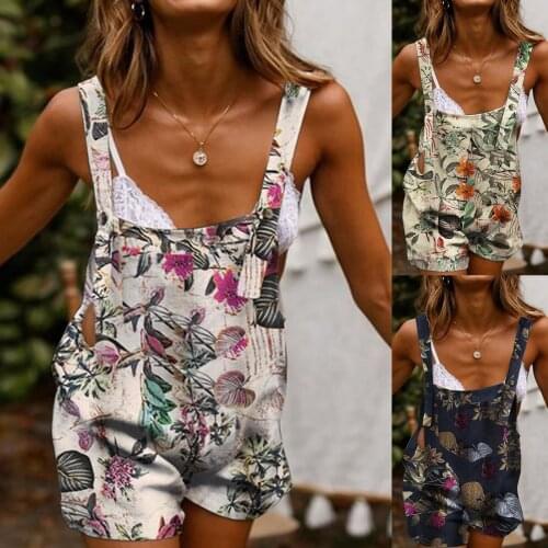 Womens Summer Jumpsuits 2021 Kaftan Linen Overalls Casual Suspender Rompers Female Print Button Pants Plus Size Turnip