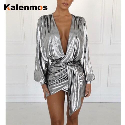 Women Bandage Mini Sexy Dress Bronzing Spring Summer V-neck High Waist Long Puff Sleeve Party Club Evening Prom Bodycon Vestidos