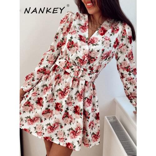 NANKEY 2021 New Autumn Women V-neck Printed Belt Dress Bohemian Casual A-line Long Elegant Sleeve Mini Dress Sexy Party Robe