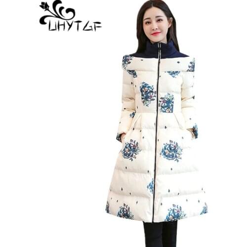 UHYTGF Women winter coat quality down jacket warm Parker women fashion print elegant 3XL plus size jacket casual Cotton coat 378
