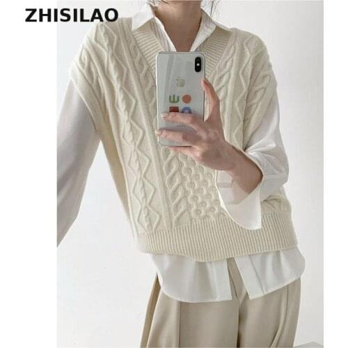 ZHISILAO 7 Colors V-neck Knit Sweater Vest Women Vintage Solid Sleeveless Oversize Pullover Sweater Autumn Winter 2021 Waistcoat