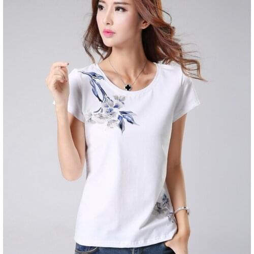 2021 Summer New Tee Womens Cotton T-shirt Short-sleeve Casual Printing Flower Tshirt Slim O-neck Ladies Soft Tops M-3XL