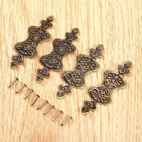 4Pcs Antique Bronze Carved Flower Decorative Corner Bracket Furniture Desk Chest Jewelry Wooden Box Feet Corner Protectors Cover
