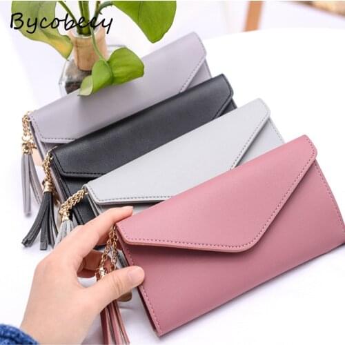 Bycobecy Summer New Long Hand Purse Fashion Tassel Pendant Simple Multi-functional Bank Card Bag Litchi Pattern Bags For Women