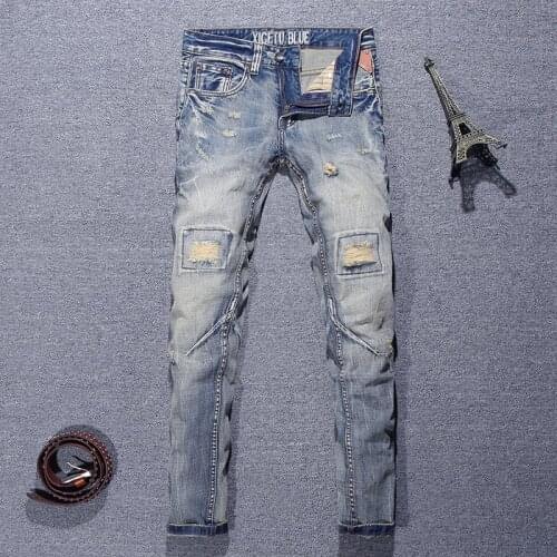 Newly Vintage Fashion Men Jeans High Quality Retro Distressed Wash Slim Fit Ripped Jeans For Men Streetwear Hip Hop Denim Pants
