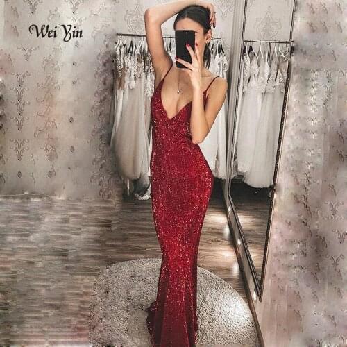 Weiyin AE0560 Elegant luxury V Neck Sequin Evening dresses long vestido de festa longo prom dress robe de soiree longue robe