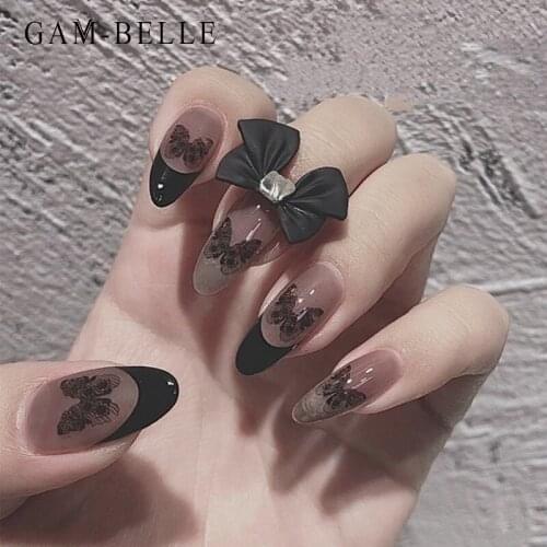 GAM-BELLE Gothic Nude Black Butterfly Pattern Fake Nails With 3D Bows French Long Oval Full Artificial False Nails Decoration