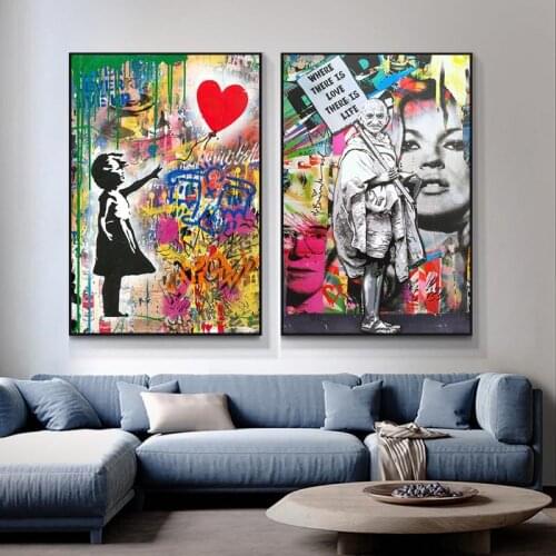 Graffiti Art Abstract Girl with Balloon Street Pop Art Canvas Painting Posters and Prints Wall Art Pictures for Home Decoration