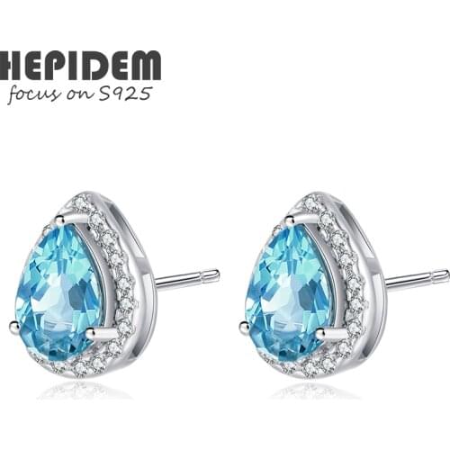 HEPIDEM 100% Really Topaz Stud Earrings Women 925 Sterling Silver Korean Natural Blue Gemstones Gift Fine Jewelry H005