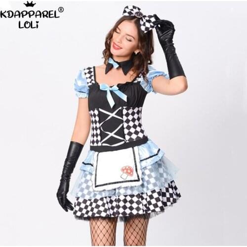 M-XL Womens Halloween Costume Maid Clothing Set Checkerboard Clown Lolita Female Girls Teens Cosplay Tea Party Circus Suit New