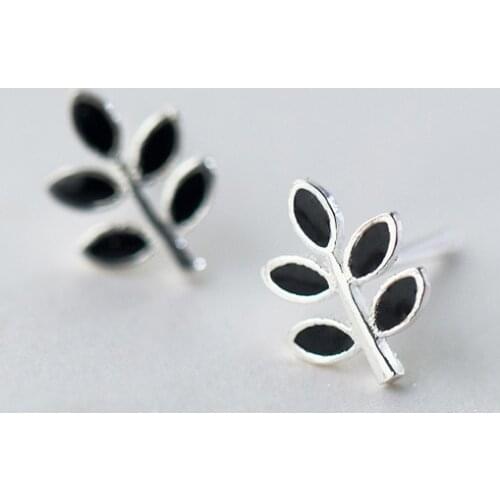 MloveAcc Minimalist Black Enamel Tiny Leaf Tree Plant Stud Earrings 100% 925 Sterling Silver Prevent Allergy for Women Jewelry