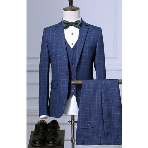 Mens Suits 3 Pieces Grey/Blue Plaid Suit Mens Business Groom Jacket Tuxedos For Wedding Evening(Blazer+Vest+Pants)