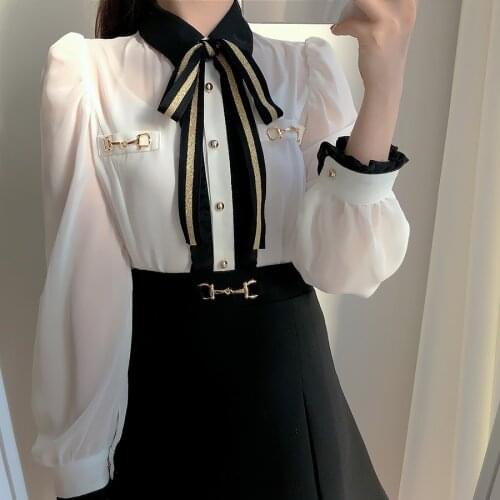 Autumn New Elegant Chiffon shirt Bow tie Contrast color OL tops Long-sleeved Womens tops and blouses
