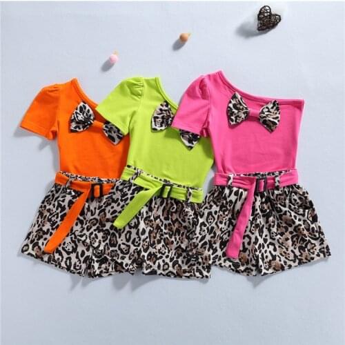 1-6Y Fashion Toddler Kids Girls Summer Clothes Sets Fluorescent Color One Shoulder T-shirts Tops+Belt Leopard Shorts Tracksuits