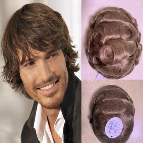 BYMC Chocolate Virgin Hair Topper Real Human Hair Wigs Remy Men’s Toupee Hairpieces Brown Colored