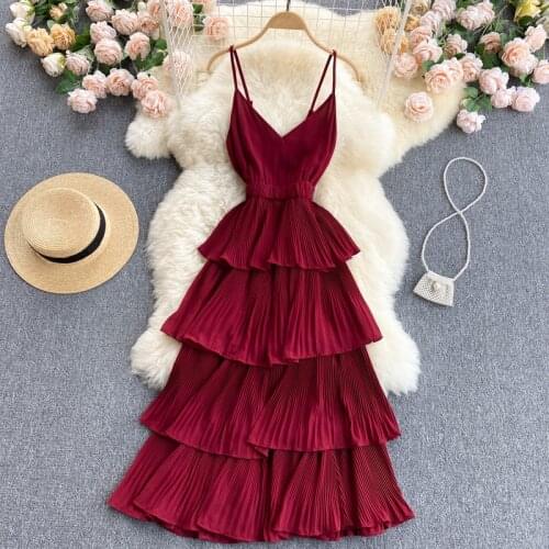 Summer Women Draped Ruffle Spaghetti Strap Dress Sexy Vacation Beach Vestidos Female Elegant High Waist Slim Midi Robe 2021 New