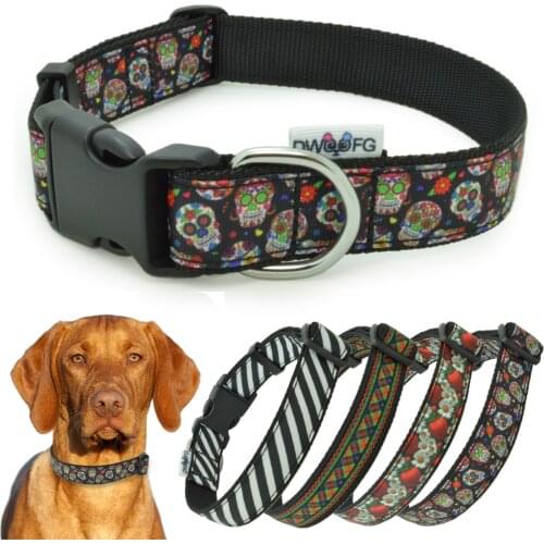 Dog Collar Skulls black and white stripe Personalized Pet Collar Adjustable Collar for Medium Large Dogs Pitbull Nylon Collar