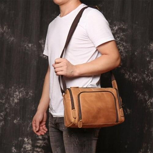 Business Mens Real Genuine Leather Shoulder Bags Male Crazy Horse Leather Messenger Bag Fashion Mens Crossbody Bag For IPAD