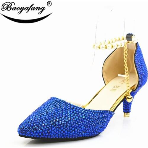 Low Heel Womens wedding shoes Fashion crystal party dress shoes royal blue ankle strap shoes Pointed Toe Party Pumps