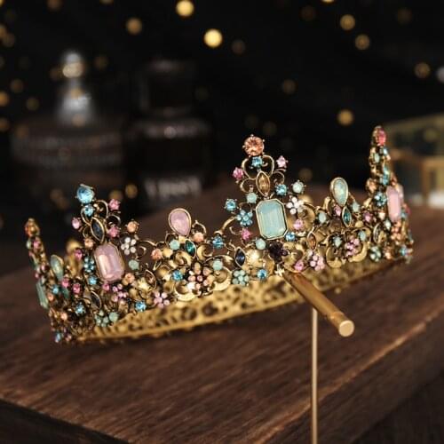 Vintage Baroque Gold Queen Princess Tiaras And Crowns Wedding Bridal Diadems Hair Jewelry Round Crown Women Hair Jewelry Party