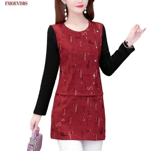 Winter Spring Warm Basic Wear T-Shirt Women Patchork Faux Two Piece Plus Size Clothes Print Cotton Blend Velvet Tees Tunic Tops