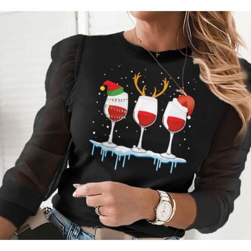 Women Christmas Cap Print Blouse Sexy Mesh Long Sleeve Autumn Top MX0093B