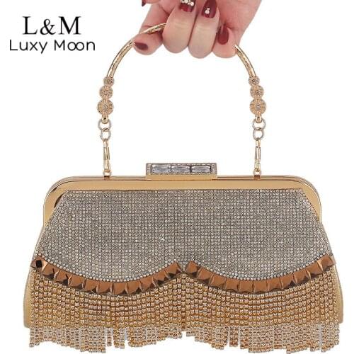 Womens Crystal Rhinestone Evening Bag Handbags Beaded Gold Chain Tassel Clutch Bags Wedding Shoulder Diamond Lock Bag 2021 X35R