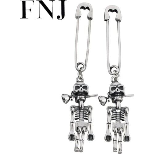 FNJ Punk SKull Earrings 925 Silver Original Pure S925 Sterling Silver Drop Earring for Women Jewelry