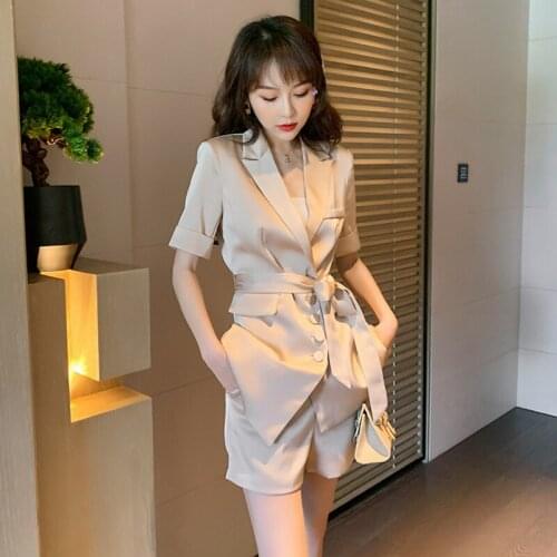 French Style Women Vintage Streetwear Casual Satin Button Short Sleeve Tops Coat Jacket Sashes Short Pants Female 2 Pieces Set