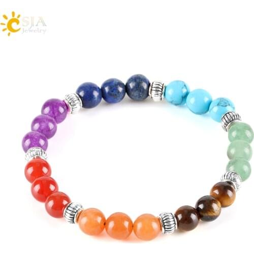 CSJA 7 Chakra Stones Yoga Jewellery Elastic Strand Charms Bracelet for Women Rainbow Natural Glossy Stone Bead Holiday Gift E283