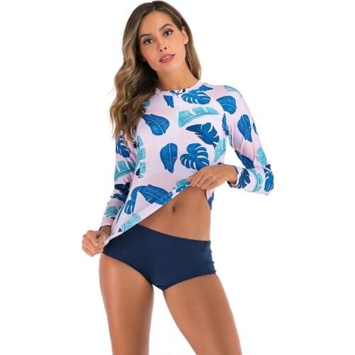 Surfing Swimsuit Women 2021 Bikini Long Sleeve Swimwear Female Print Push Up Summer Bath Suit Two Piece Zipper High Neck Biquini