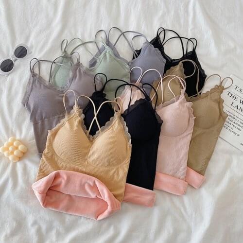 Thermal Vest Womens Winter 2020 New Lace Patchwork Plush Velvet Thick Solid Color Backless Cross Sling Tank Tops