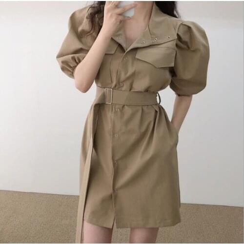 New 2020 Women Summer Cargo Dresses High Waist Pockets Single Breasted Puff Sleeve Casual Lace up Mini Dress CL396