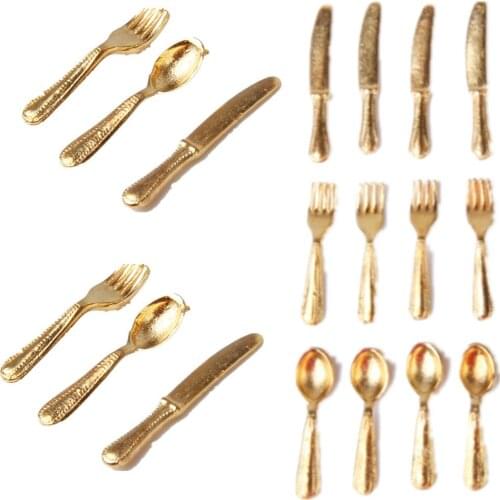 Classic Pretend Play Kitchen Furniture Toy 1/12 Dollhouse Miniature Tableware Set gifts knife spoon fork Stainless Steel 12Pcs