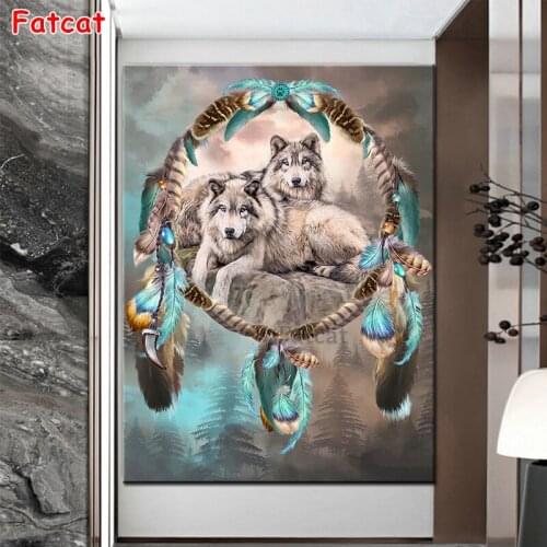 Diamond Embroidery Full Round Drill,Wolf Dream Catcher feather diamond Painting Mosaic Indian pattern For Animal Home Art PP1598