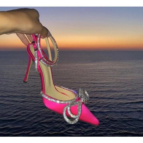 Sexy Sequins Crystal High Heels Women Sandals Pointy Toe Ankle Cross Tied Wedding Bride Shoes Rhinestone Shallow Runway Sandals