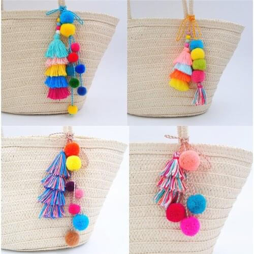 1pc Boho Style Pompons Keychains With Colorful Tassel For Women Bag Hanging Wooden Beads Pendant Summer Jewelry