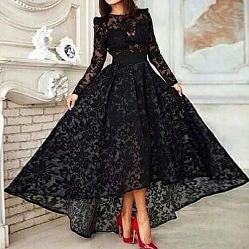 High low Long Sleeves Arabic Style Black Lace Evening Dresses 2019 Fashion Long Sleeves Formal Prom Gowns